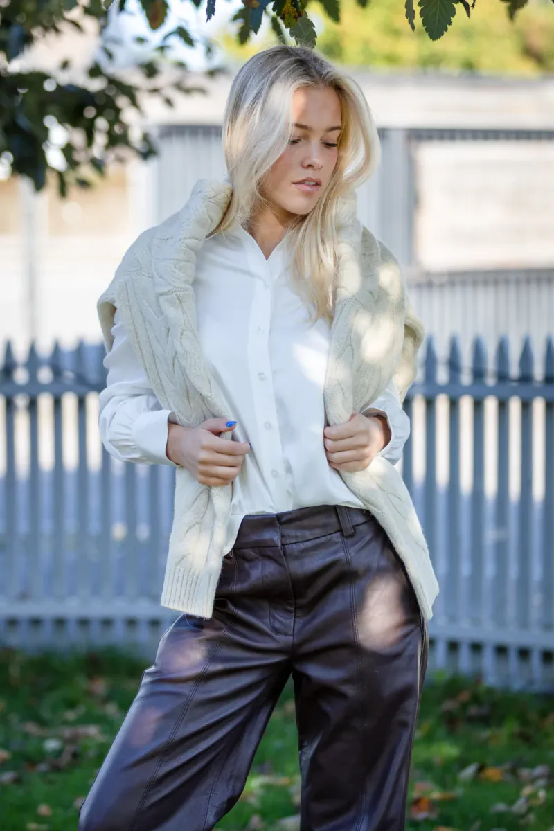 Letho Leather Straight Trousers, Chocolate Plum