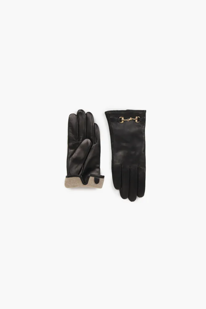 Tuva Horsebit Leather Gloves, Sort