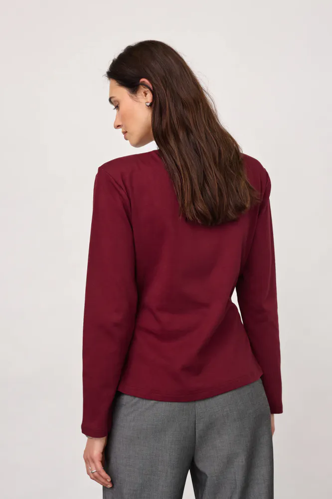Oriane LS Pleat Tie Tee, Wine Red