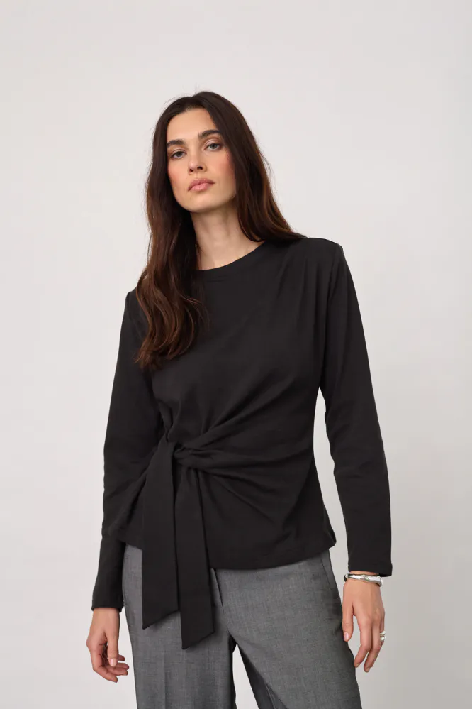 Oriane LS Pleat Tie Tee, Black