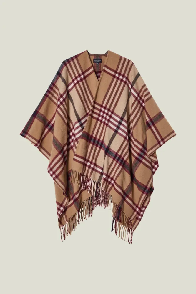 Recycled Wool Blend Poncho, Beige/Dark Red Check