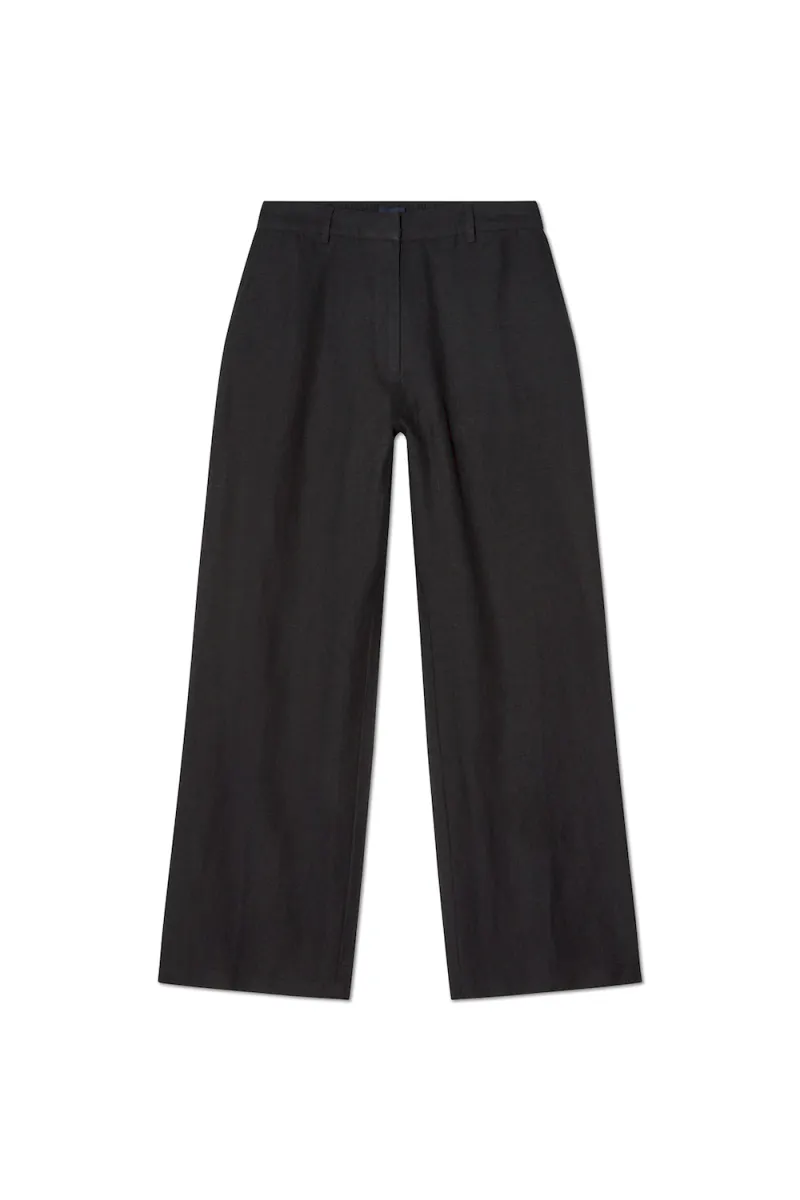 Mid-Waist Wide-Leg Linen Pants, Black